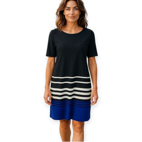 Dresses & Skirts - ILE Womens Black Color Blocked Striped Shift Midi Dress Size 12